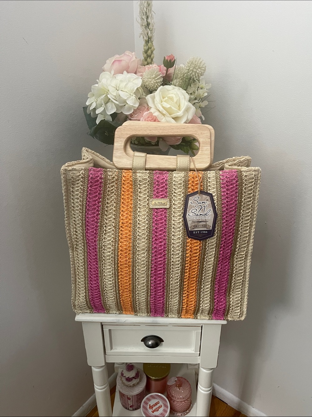 Sun and Sand Pink & Orange Striped Crochet Tote Bag with Wooden Handles